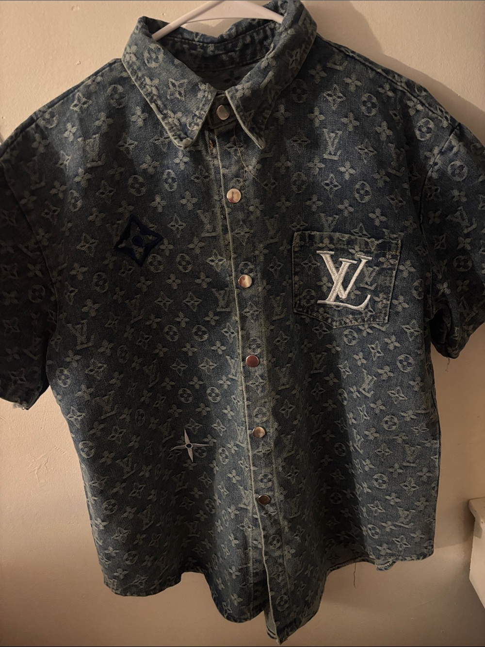 Hand Made Denim Short-Sleeve Shirt with All-Over Logo - Blue